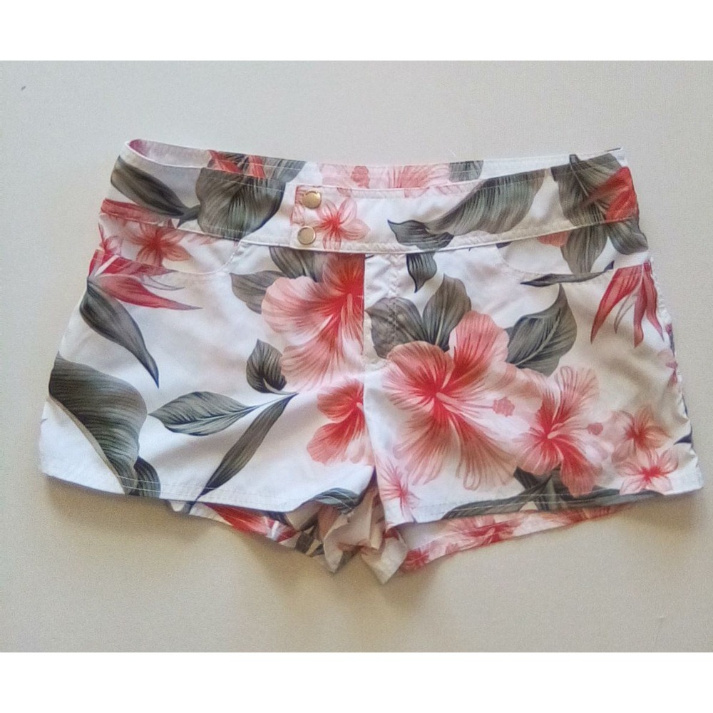 Mossimo Floral Print Shorts Tropical High‎ Waist Summer Beach White Size ( L)